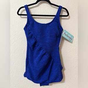NWT Penbrooke Krinkle Chlorine Resistant Empire Blue Swimsuit 16 Tummy Control